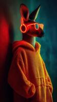 Kangaroo wearing headphones and sunglasses stands in a colorful urban setting during nighttime photo