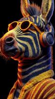 Funky zebra wearing sunglasses and headphones poses confidently against a dark background photo