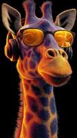 Giraffe wearing sunglasses and headphones, showcasing a fun and vibrant character against a dark backdrop photo