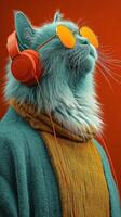 Stylish blue cat enjoys music with headphones and sunglasses against an orange background photo