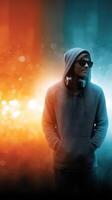 Young man in hoodie and sunglasses with headphones against colorful background photo