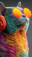 Colorful cat with headphones and sunglasses enjoying music in a vibrant atmosphere photo