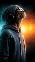 Creative blend of a cat and a person wearing headphones in a vibrant, colorful background photo