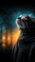 Stylish cat in glasses wearing a hoodie, gazing upward with a mystic background of soft glowing lights photo