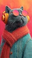 Stylish cat wearing sunglasses and headphones poses in vibrant background of orange and pink hues photo