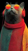 Charming cat wearing sunglasses and headphones, showcasing a stylish scarf in bright colors photo