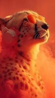 Stylish cheetah with headphones enjoys vibrant orange atmosphere during lively music event photo