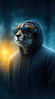Cheetah wearing sunglasses and headphones in a dark environment with colorful lighting effects photo