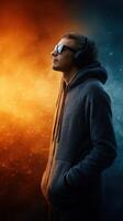 Young man enjoys music with headphones against a backdrop of warm orange and cool blue colors during an artistic visual display photo