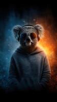 Koala with headphones in a stylish hoodie stands against a colorful background of blue and orange light photo