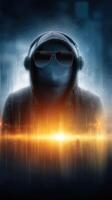 Mysterious figure wearing sunglasses and headphones in an abstract digital setting at night photo