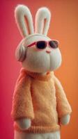 Stylish bunny with headphones and sunglasses posing in a vibrant setting photo