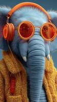 Colorful elephant wearing sunglasses and headphones in a playful setting photo