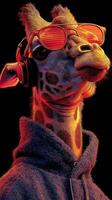 Giraffe wearing sunglasses and headphones against a dark background, showcasing a playful and stylish look in a vibrant art style photo