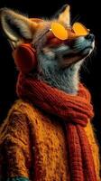 Stylish fox wearing sunglasses and headphones, showcasing a vibrant scarf and sweater in bold hues during a cozy indoor moment photo