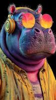 Hippo wearing sunglasses and headphones in a vibrant and colorful style during a lively street festival atmosphere photo