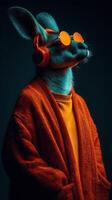 Stylish kangaroo wearing sunglasses and headphones in a cozy robe against a dark background photo