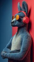 Stylish blue kangaroo wearing headphones stands confidently against a colorful backdrop photo