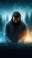 Musician creates electronic beats while immersed in a mystical forest setting during night time photo