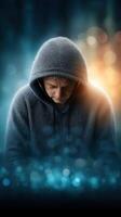 Person in a gray hoodie looking down, surrounded by soft blue and orange light effects in a blurred urban environment at night photo