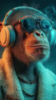 Monkey enjoys music in stylish headphones surrounded by cool lighting and a relaxing atmosphere photo