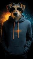 Dog wears sunglasses and headphones, dressed in a hoodie, against a colorful background in a studio setting photo