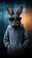 Stylish rabbit in hoodie and sunglasses poses confidently against a textured backdrop photo