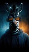 Creative artwork of a zebra wearing headphones and sunglasses in a vibrant urban setting photo