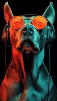 Dog wearing sunglasses and headphones poses confidently with vibrant colors in a creative and playful setting photo