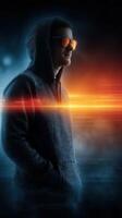 Young man in hoodie stands confidently against a vibrant digital backdrop at night photo