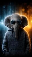 Elephant wearing sunglasses in a stylish outfit against a colorful background with dramatic lighting photo