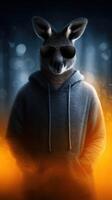 Kangaroo wearing sunglasses stands confidently in a mysterious forest setting at twilight photo