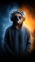 Koala in hoodie with headphones against vibrant blue and orange background showcasing a modern, distinct character design photo