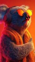 Stylish koala wearing headphones and sunglasses against a vibrant orange background during a creative art session photo