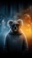 Creative koala character in hoodie and headphones with vibrant background lighting photo