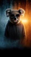 Koala wearing sunglasses and hoodie in a creative digital art setup showcasing contrasting colors and textures photo