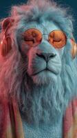 Colorful lion wearing sunglasses and headphones enjoys music in a vivid setting photo