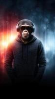 Monkey wearing headphones standing confidently against a vibrant backdrop of sound waves while engaging with music photo