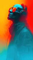 Vibrant portrait of a person wearing headphones with colorful lighting effects in an artistic representation photo