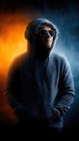 Energetic musician wearing headphones and sunglasses stands against a dramatic colorful backdrop showcasing contrasting hues of orange and blue photo