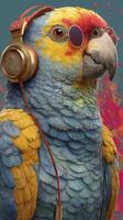 Parrot wearing sunglasses and headphones poses in a colorful artistic style with vibrant background elements photo