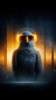 Futuristic bird with headphones relaxing against an abstract illuminated background photo