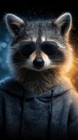 Raccoon wearing sunglasses and hoodie in a split-color background at night with a cool and stylish vibe photo