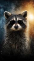 Raccoon wearing sunglasses poses confidently against a dramatic background photo