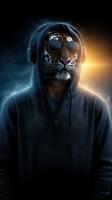 Futuristic figure wearing headphones with a tiger head and sunglasses standing in a vibrant, stylized backdrop at night photo