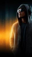 Young man in hoodie and sunglasses posing confidently against a vibrant urban backdrop during evening hours photo