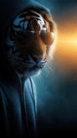 Tiger wearing sunglasses in a dark hooded outfit against a glowing sunset background photo