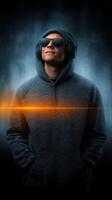 Confident music lover wearing sunglasses and hoodie enjoying sound in a cool urban environment at night photo