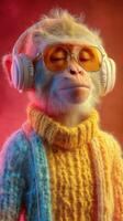 Stylish monkey enjoying music in vibrant sweater and headphones in a colorful setting during a relaxed moment photo