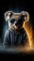 Koala wearing sunglasses and a hoodie in a dramatic setting with contrasting lighting effects photo